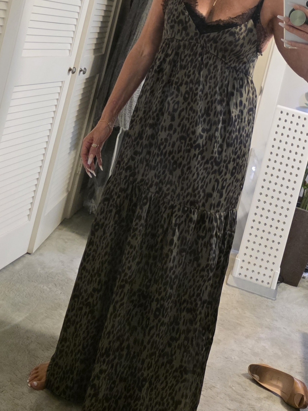 lovestitch Olive and Black Leopard Print Lace-Trim Maxi Dress
